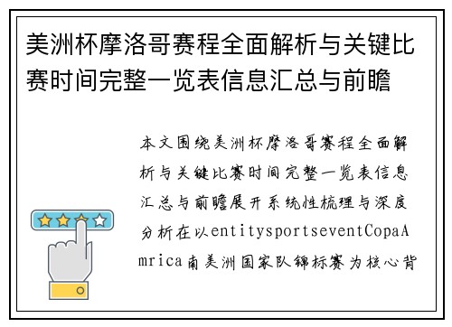 美洲杯摩洛哥赛程全面解析与关键比赛时间完整一览表信息汇总与前瞻 美洲杯摩洛哥赛程全面解析与关键比赛时间完整一览表信息汇总与前瞻
